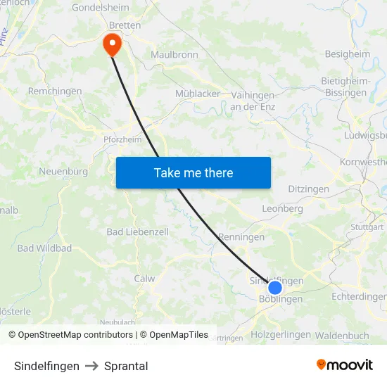 Sindelfingen to Sprantal map