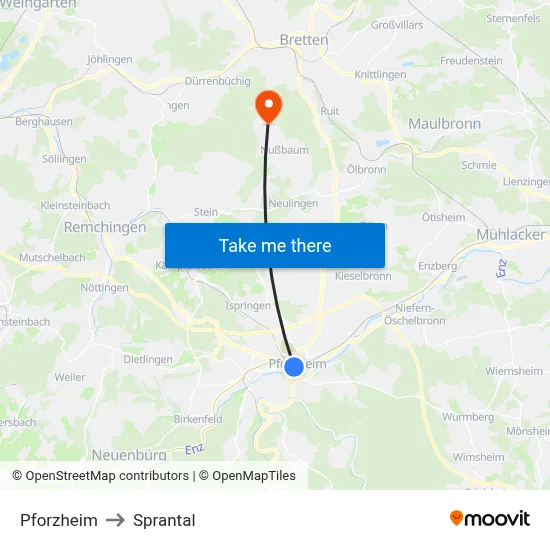 Pforzheim to Sprantal map