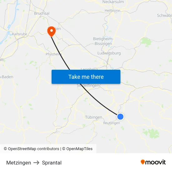 Metzingen to Sprantal map