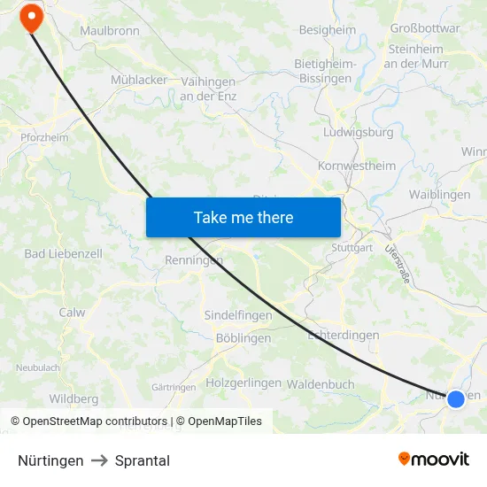 Nürtingen to Sprantal map