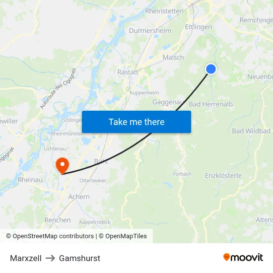 Marxzell to Gamshurst map