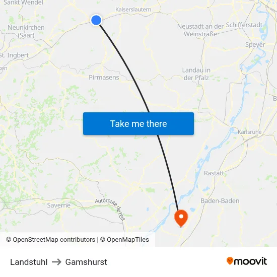 Landstuhl to Gamshurst map