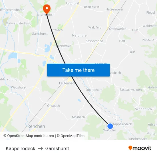 Kappelrodeck to Gamshurst map