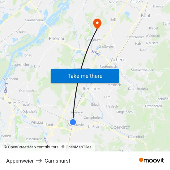 Appenweier to Gamshurst map