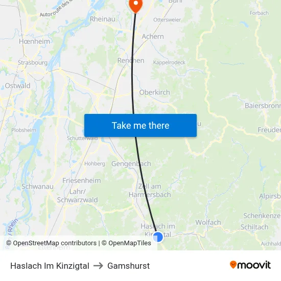 Haslach Im Kinzigtal to Gamshurst map