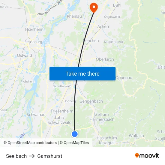 Seelbach to Gamshurst map