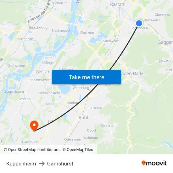Kuppenheim to Gamshurst map