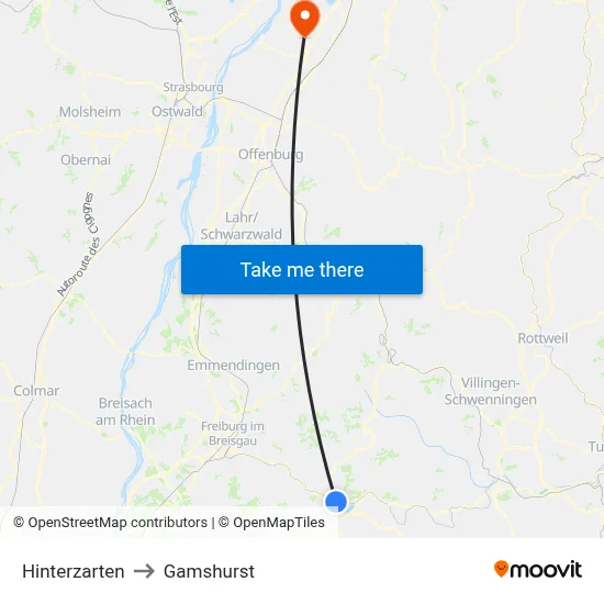 Hinterzarten to Gamshurst map
