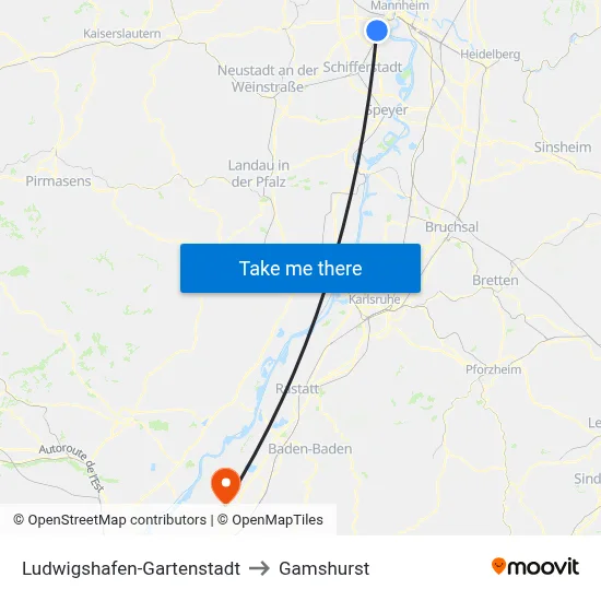 Ludwigshafen-Gartenstadt to Gamshurst map