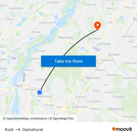 Kork to Gamshurst map