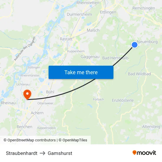 Straubenhardt to Gamshurst map