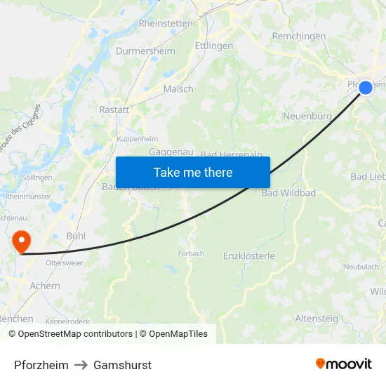 Pforzheim to Gamshurst map