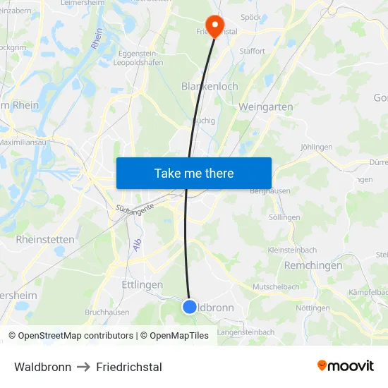 Waldbronn to Friedrichstal map