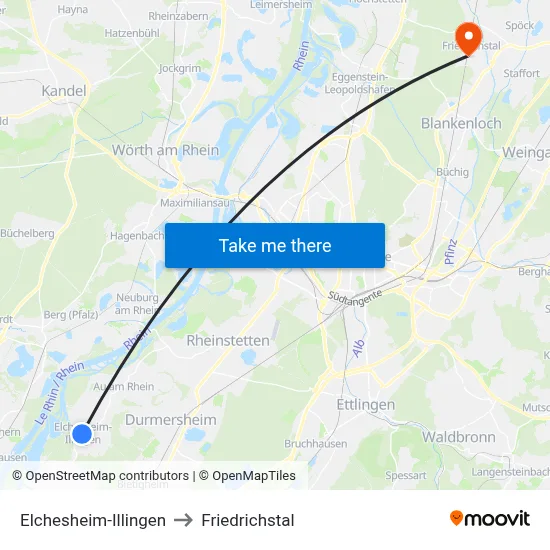 Elchesheim-Illingen to Friedrichstal map
