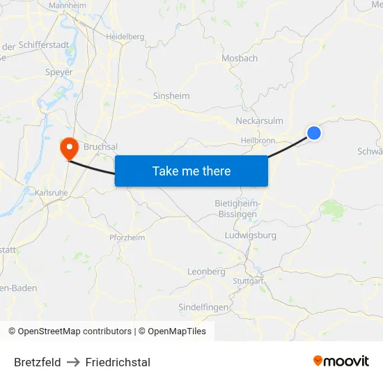 Bretzfeld to Friedrichstal map