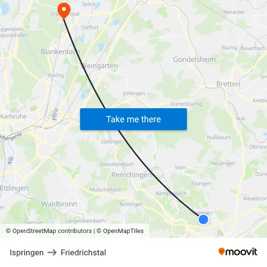 Ispringen to Friedrichstal map