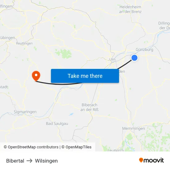 Bibertal to Wilsingen map