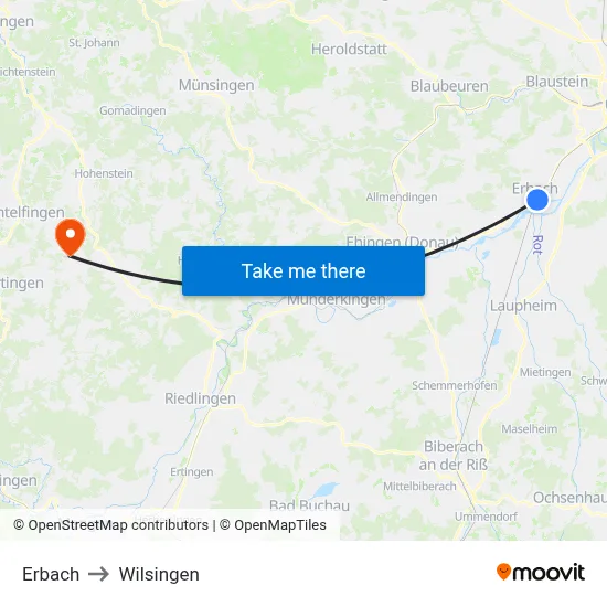 Erbach to Wilsingen map