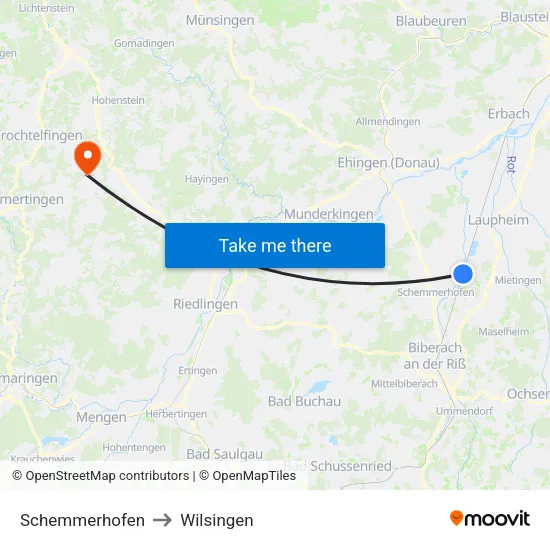 Schemmerhofen to Wilsingen map