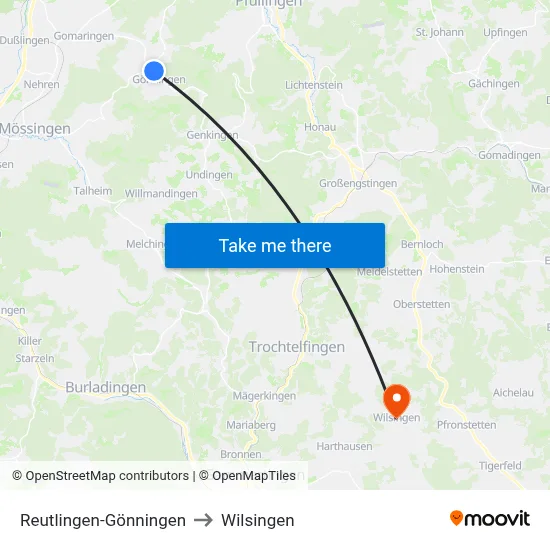 Reutlingen-Gönningen to Wilsingen map