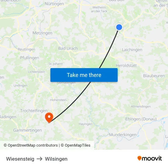 Wiesensteig to Wilsingen map