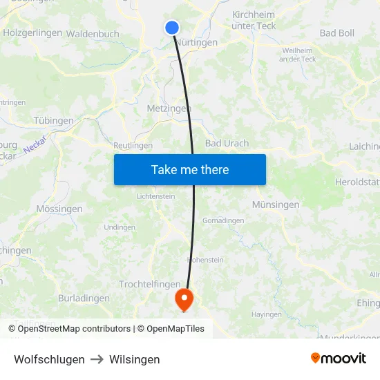 Wolfschlugen to Wilsingen map