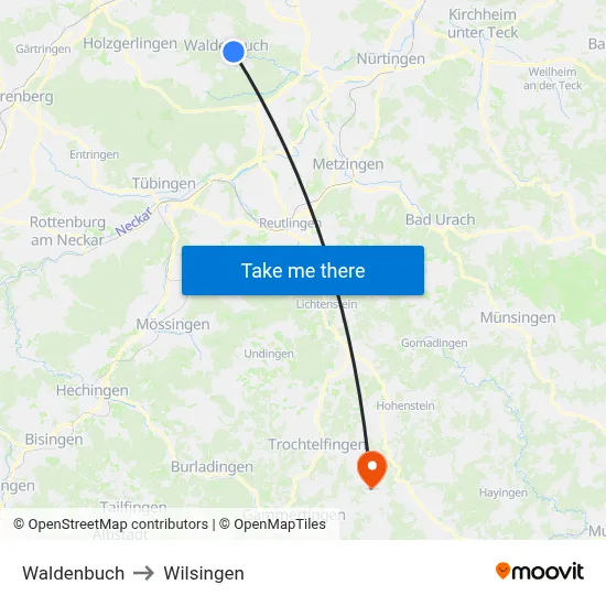 Waldenbuch to Wilsingen map