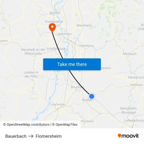 Bauerbach to Flomersheim map