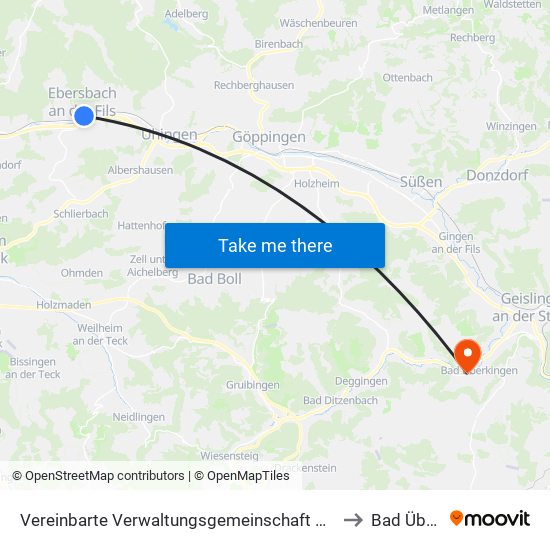 Vereinbarte Verwaltungsgemeinschaft Der Stadt Ebersbach An Der Fils to Bad Überkingen map