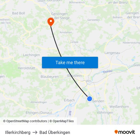 Illerkirchberg to Bad Überkingen map