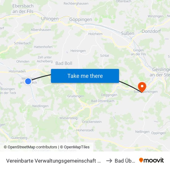 Vereinbarte Verwaltungsgemeinschaft Der Stadt Weilheim An Der Teck to Bad Überkingen map