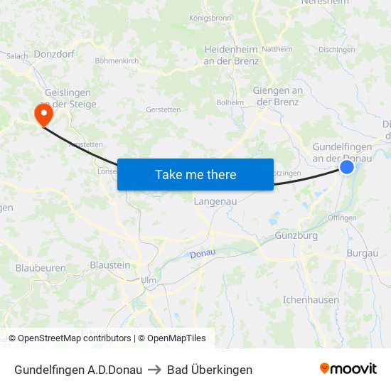 Gundelfingen A.D.Donau to Bad Überkingen map