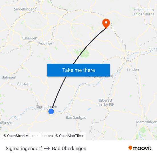 Sigmaringendorf to Bad Überkingen map