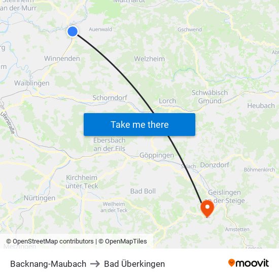 Backnang-Maubach to Bad Überkingen map