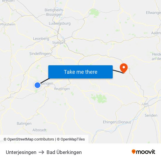Unterjesingen to Bad Überkingen map