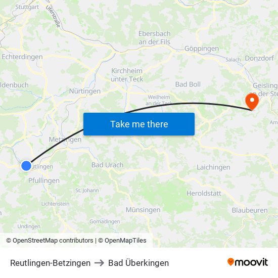 Reutlingen-Betzingen to Bad Überkingen map