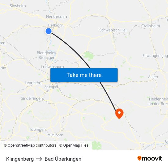 Klingenberg to Bad Überkingen map