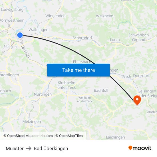 Münster to Bad Überkingen map