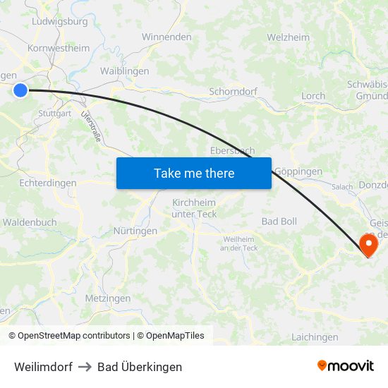 Weilimdorf to Bad Überkingen map