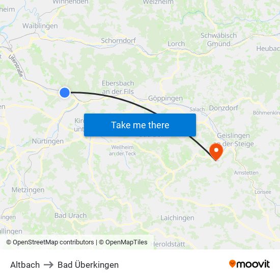 Altbach to Bad Überkingen map
