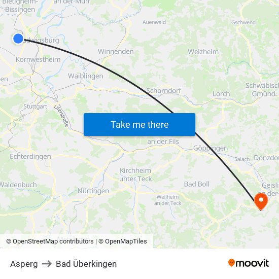 Asperg to Bad Überkingen map