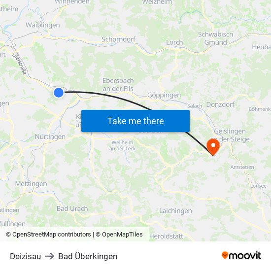 Deizisau to Bad Überkingen map