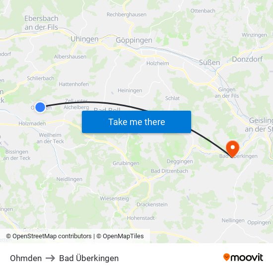 Ohmden to Bad Überkingen map
