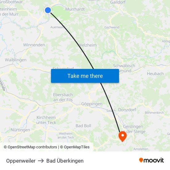 Oppenweiler to Bad Überkingen map