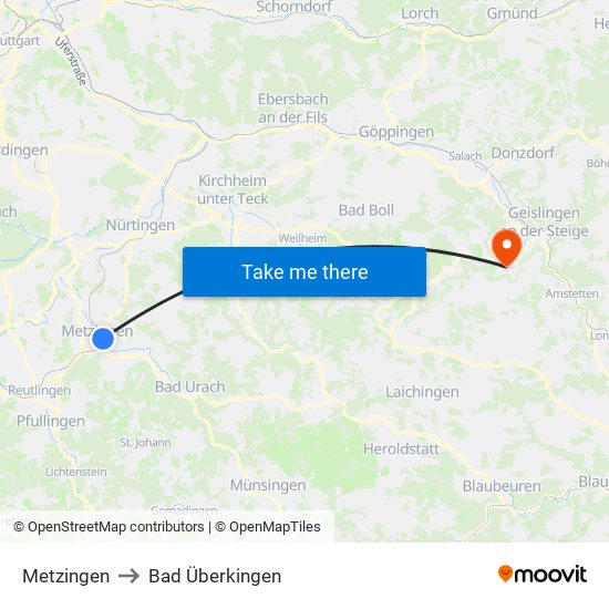 Metzingen to Bad Überkingen map