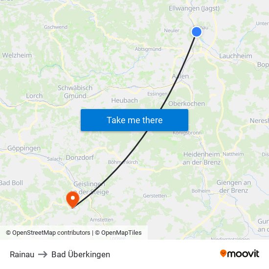 Rainau to Bad Überkingen map
