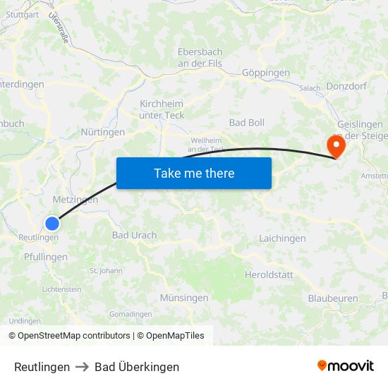 Reutlingen to Bad Überkingen map