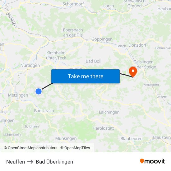 Neuffen to Bad Überkingen map