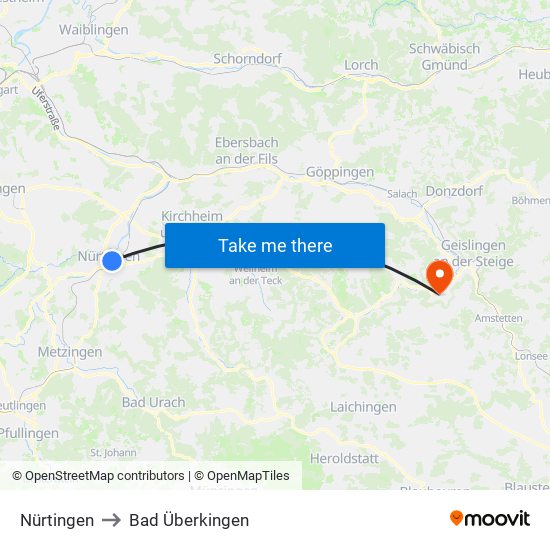 Nürtingen to Bad Überkingen map