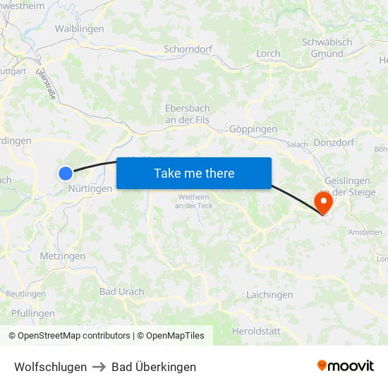 Wolfschlugen to Bad Überkingen map